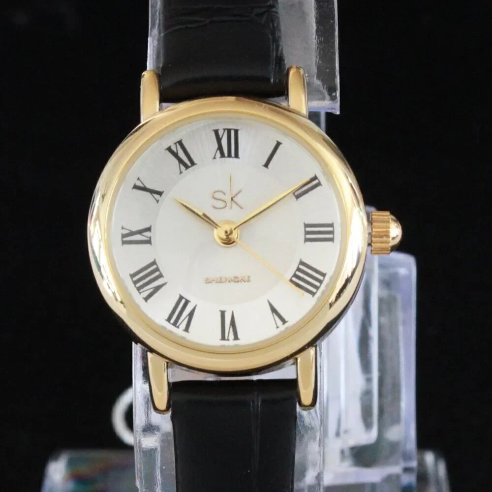 Ladies Dress Quartz Watch Silver Sunburst Dial Black Strap 22mm